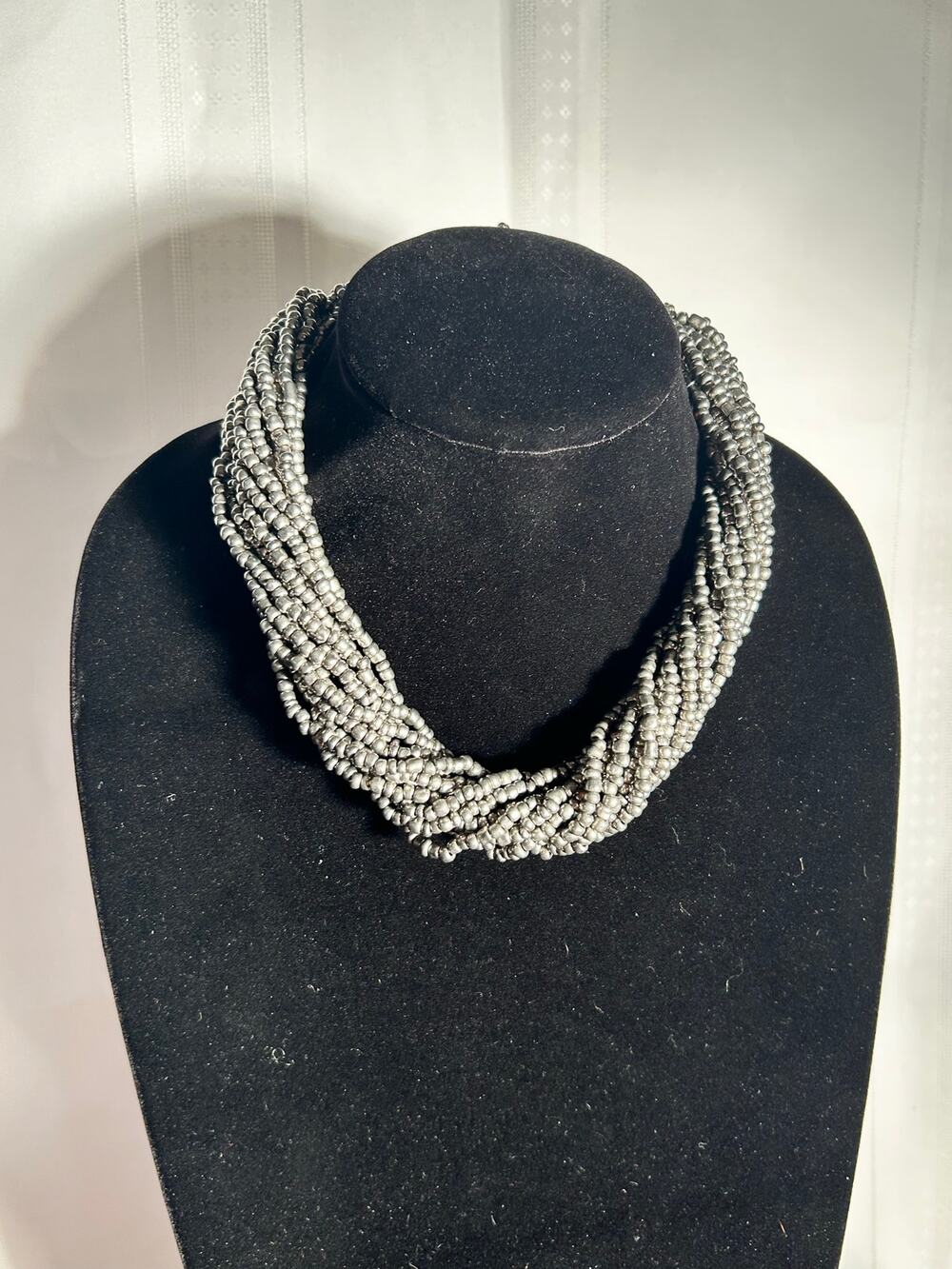 Vintage Multi Strand Beaded Statement Necklace Gray Seed Beads Layered 16 Inch